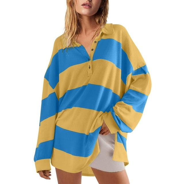 Huaizzzy Oversized Sweatshirts Women Fall Button Lapel Hoodies Long Sleeve V Neck Striped Color Block Tops Tunics for Women Summer Women Running Long Sleeve Long Sleeve Tee Compression Shirts Women