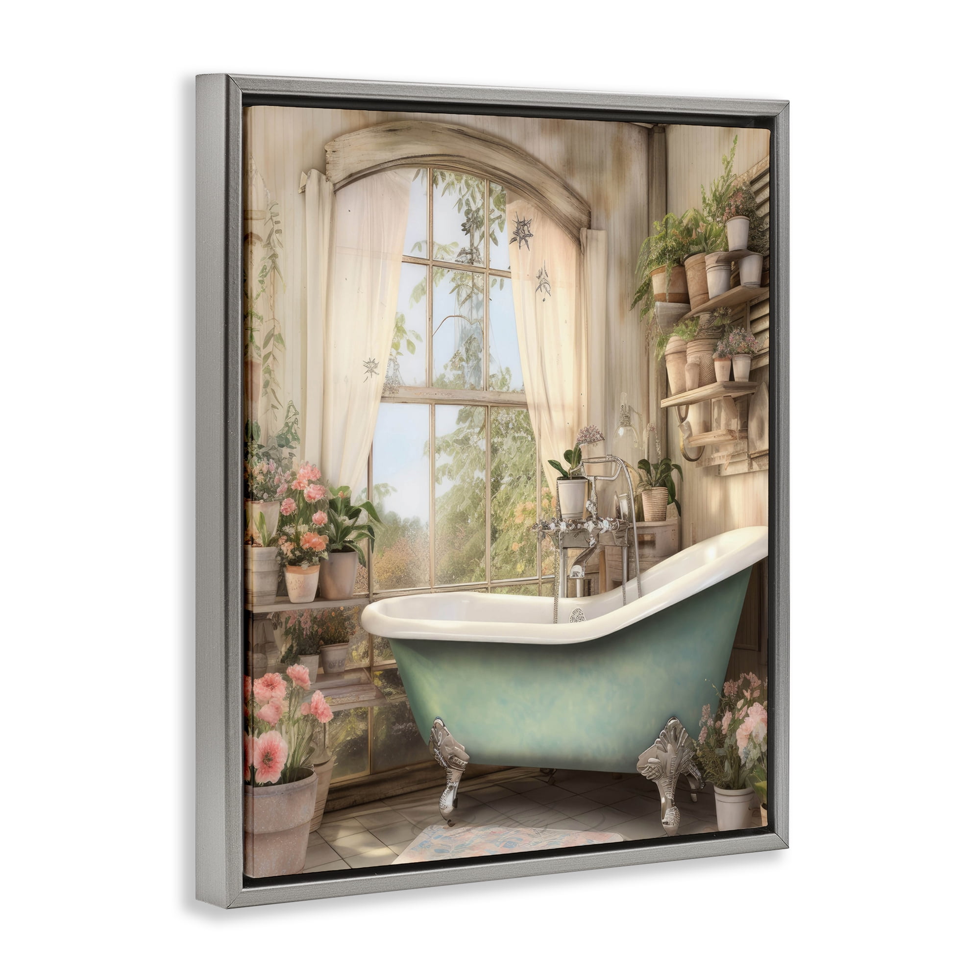 Bathroom with Floral Filled Shelves Gray Framed Floater Canvas Wall Art, design by Lettered and Lined