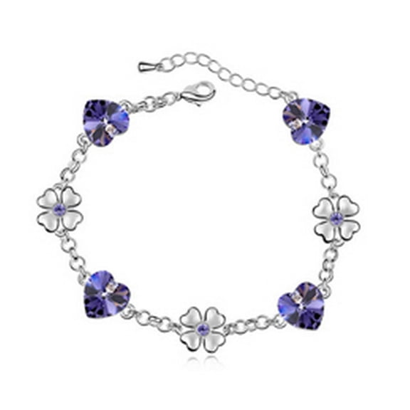 KATGI Fashion Ocean Heart with Clover Leaves Crystal Link Bracelet in Purple