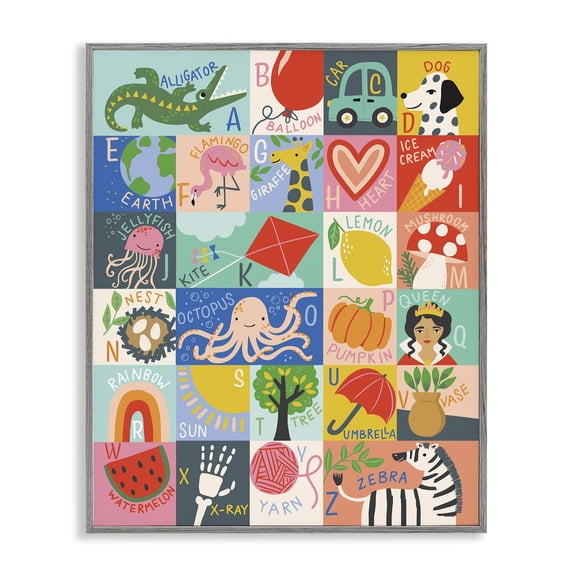 Stupell Industries Minimalist Patchwork Style Alphabet Playful Kid's ABC Letters Gray Framed Giclee Art, 16 x 20, by Caroline Alfreds