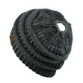 thumbnail image 3 of C.C BeanieTail Soft Stretch Cable Knit Messy High Bun Ponytail Beanie Hat, Dark Melange Gray Metallic, 3 of 3
