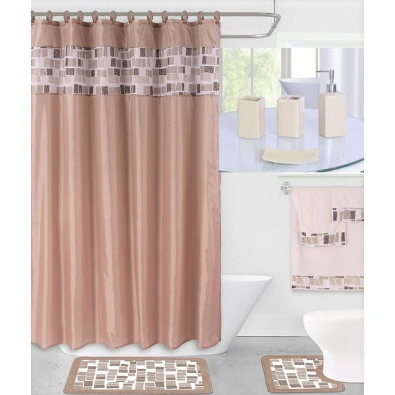 19PC DIAMOND TAUPE BATHROOM SET WASHABLE RUBBER BACKING ANTI SLIP INCLUDES 2 BATH RUG/MATH 1 SHOWER CURTAIN 12PC RINGS COVERED 4 ACCESSORIES CERAMIC