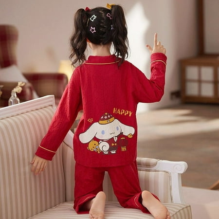 

Kawaii Sanrios Cotton Pajamas Suit Anime Cartoon Hello Kittys Cinnamoroll Spring and Autumn Red Homewear Parent-Child Set