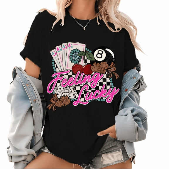 "Feeling Lucky" Tops for Women with Poker Cards, 8 - Ball, Cherries & Dice Print T - shirts Stylish Graphic Tees Perfect For Casual Short Sleeve Shirts
