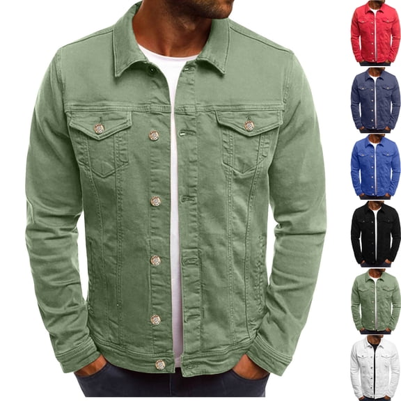 Men's Collar Button Down Denim Long Sleeved Slim Workwear Jacket Long Sleeved Hoodless Casual Jacket Men's Denim Jacket Vintage Inspired Jean Jacket with Pockets Regular Solid Color Jean