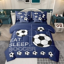 Homewish Eat Sleep Soccer Twin Bedding Sets 7-Piece for Boys, Kawaii Cartoon Football Bedding Comforter Set, Ball Sports Lover Reversible Sheet Sets, Ultra Soft Bedroom Decor