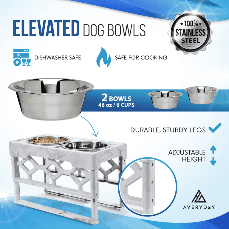 AveryDay Adjustable Elevated Dog Bowls- 4 Heights & 2 Stainless