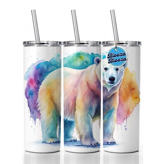 Polar Bear Watercolor 20oz Insulated Water Bottle Skinny Tumbler Includes Straw