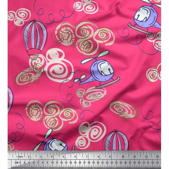 Soimoi Velvet Fabric Clouds,Hot Air Balloon & Helicopter Transport Print Sewing Fabric Yard 58 Inch Wide