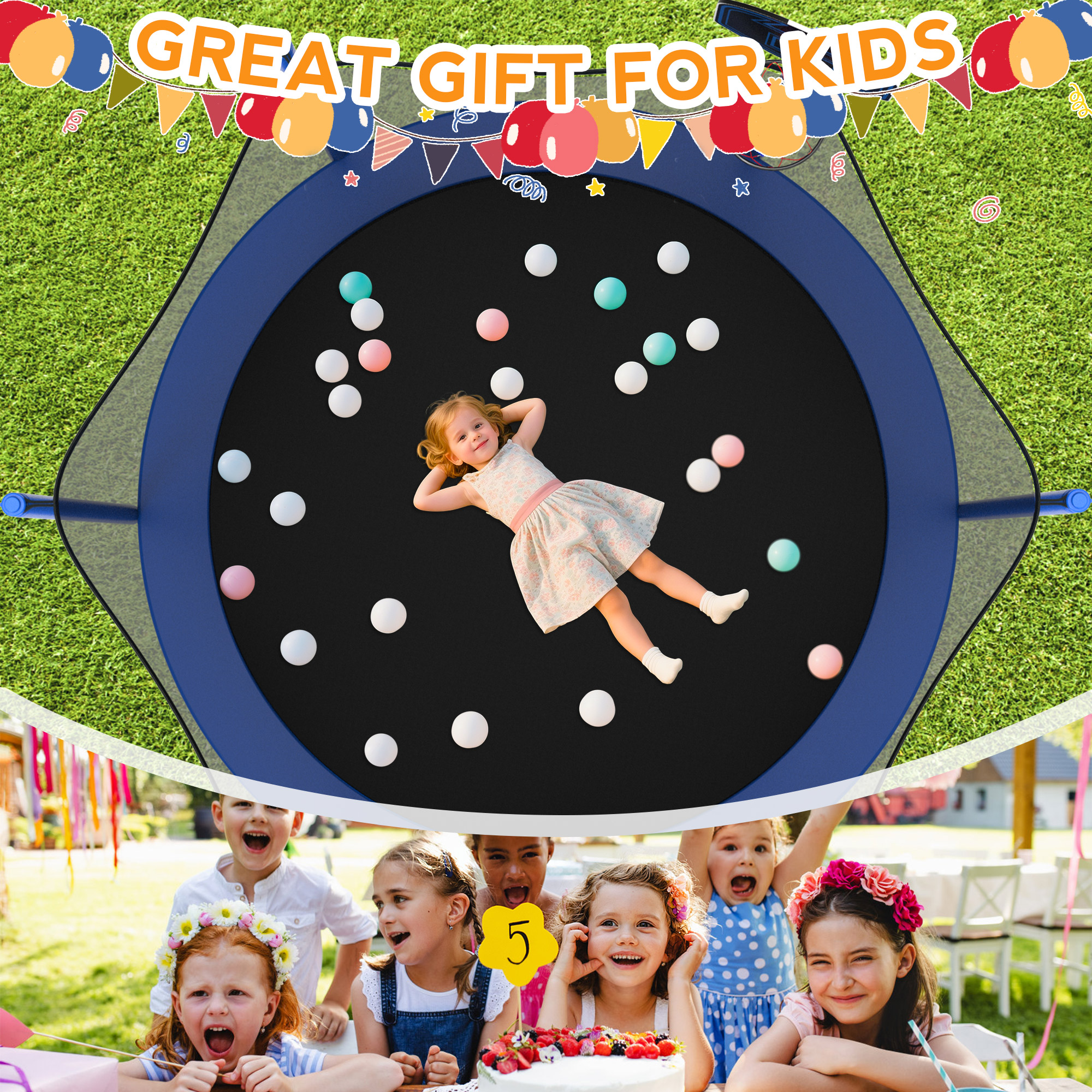KOFUN 1000LBS 10FT Trampoline with Light, Heavy Duty Trampoline for Kids and Adults, Backyard Trampoline with Safety Enclosure Net, Basketball Hoop, 3 Anchor Kits, Ladder, A Ball, Blue