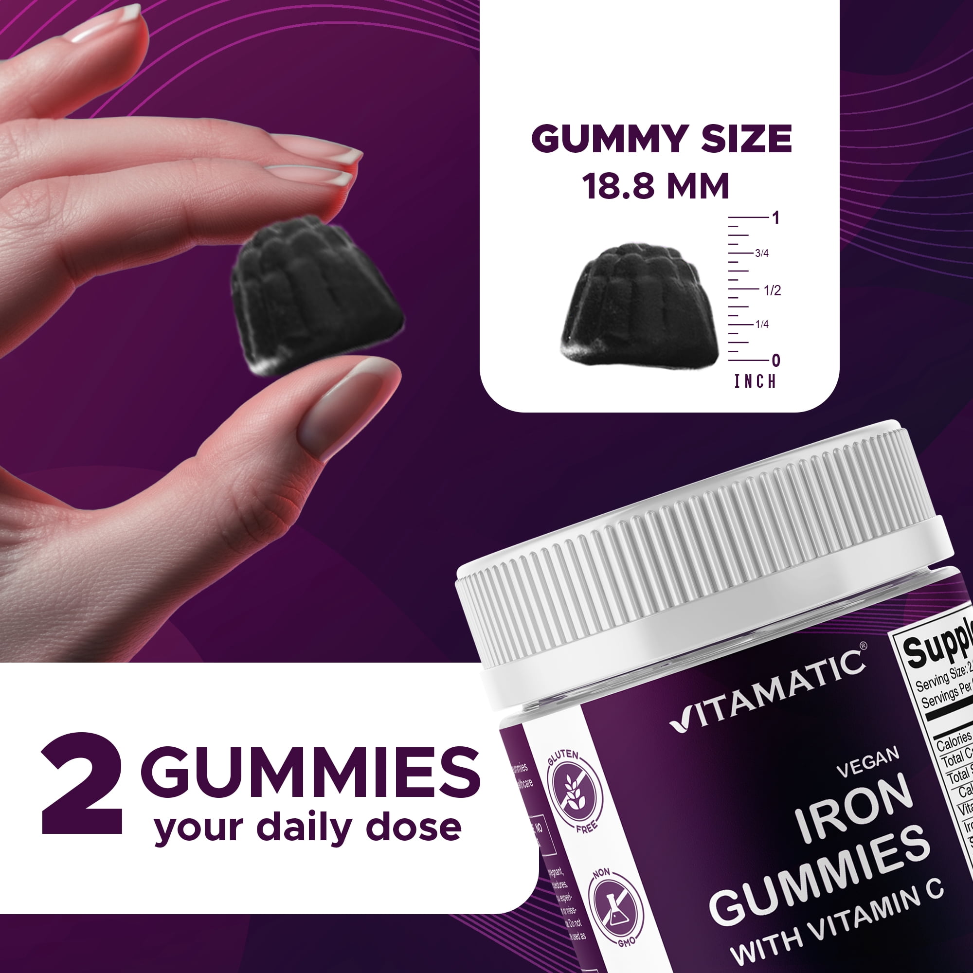 Vitamatic Iron 65 mg Gummies Supplement for Women & Men - 240 Vegan Gummies - Great Tasting Iron Gummy Vitamins with Vitamin C