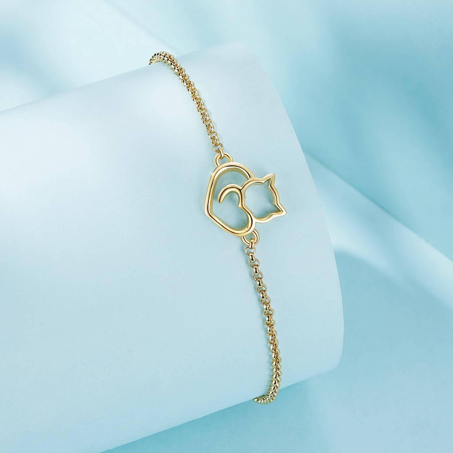 925 Sterling Silver Chain Bracelet with Cat Love Heart Charm Adjustable Plated Gold Bracelets with Chain Length 6.5in-7.9in, Best Jewelry Gift for Girls Women Cat Lovers