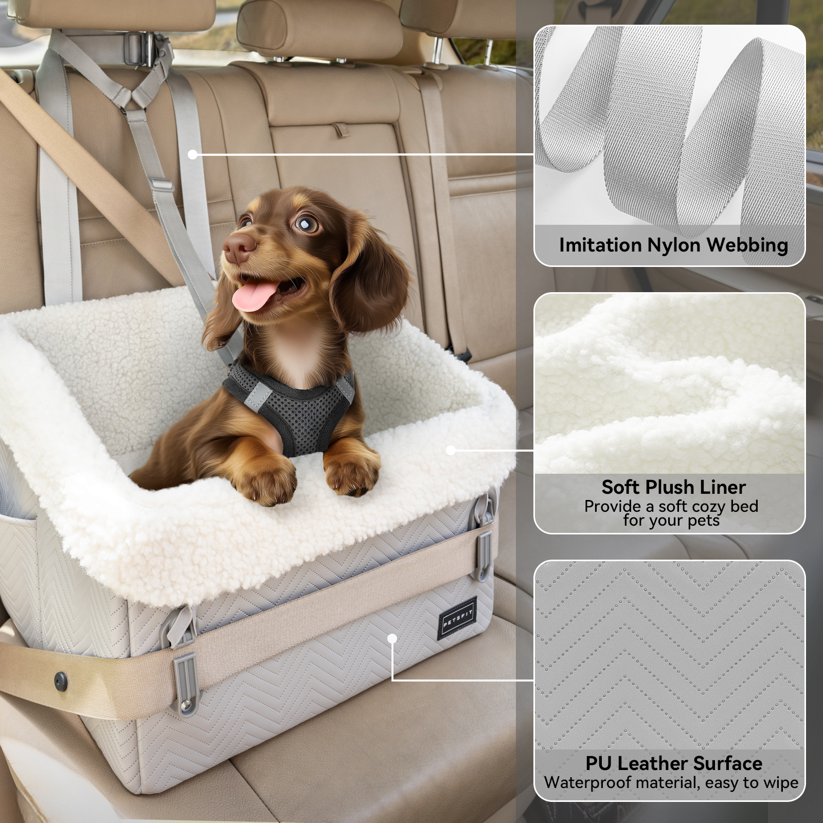 PETSFIT Dog Car Seat, Waterproof PU Leather ,Patented Safe Buckles, Pet Car Seats for Medium or Small Sized Pets,Under 30 lbs ,Grey