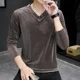 thumbnail image 2 of Ropa masculina, camisetas negras para hombres, camisetas con cuello en V, ajustadas, abotonadas, ajustadas, a granel, coreanas, de otoño, de alta calidad, camisetas F de manga larga, nuevas A, 2 of 4