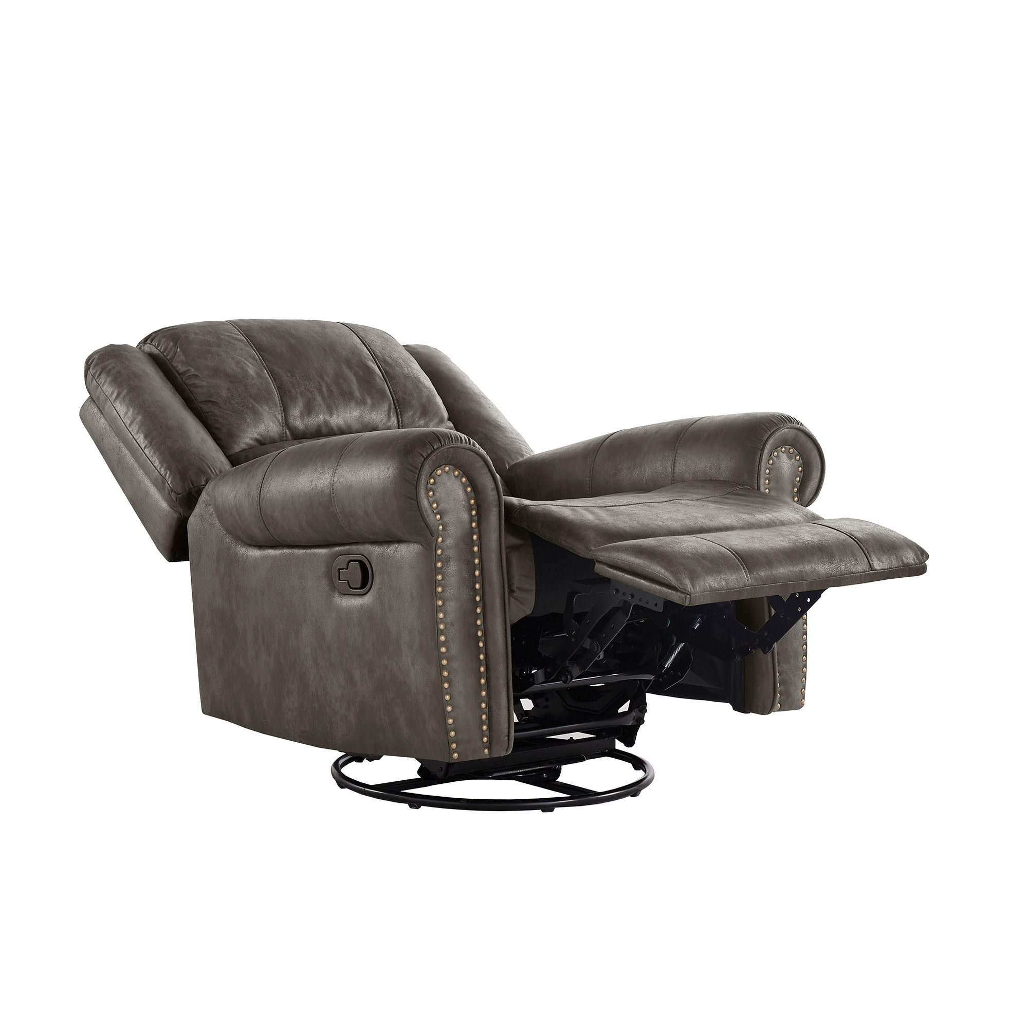 Weston Home Tippecanoe Polished Microfiber Nailhead Swivel Glider Recliner, Charcoal Gray