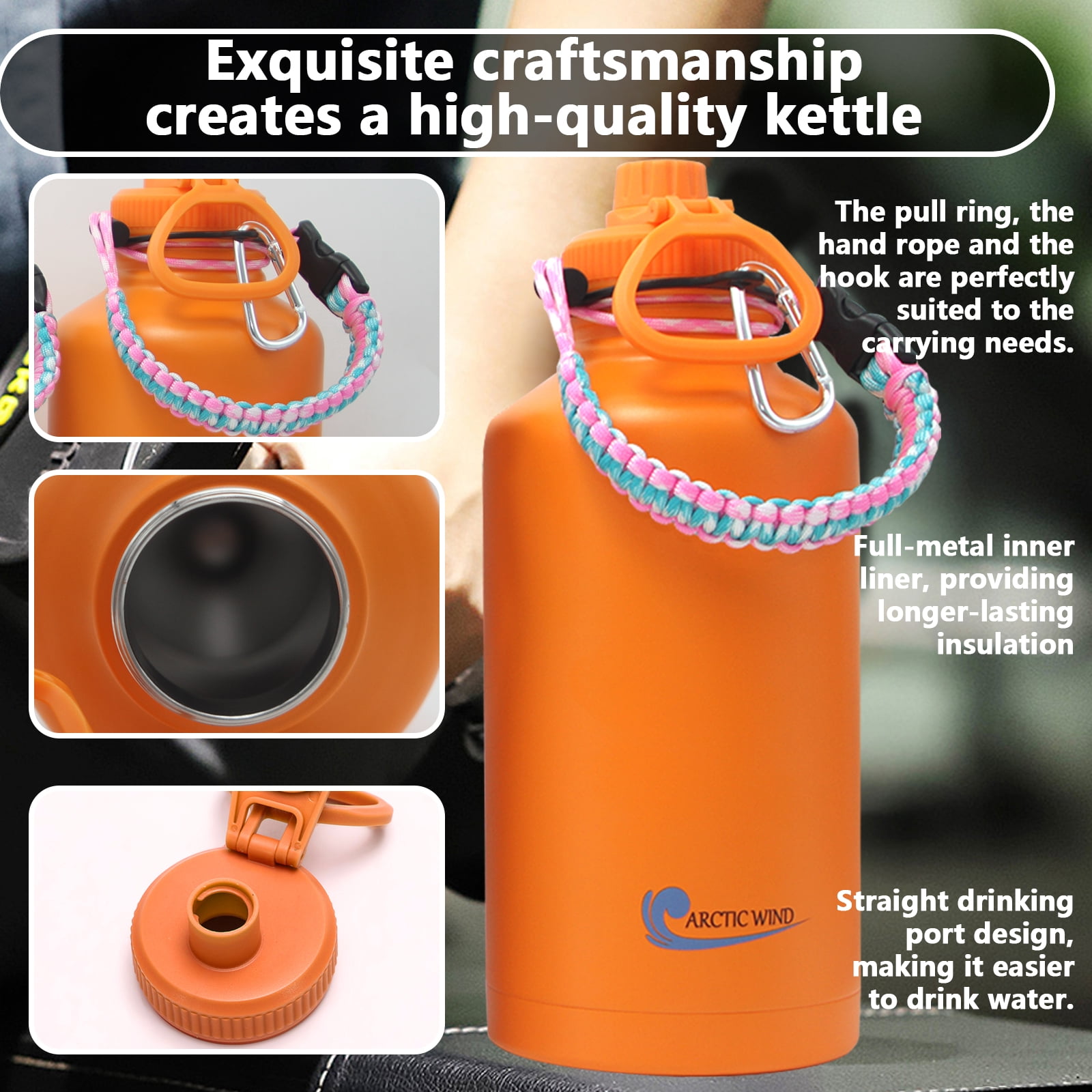 Arcticwind 64 oz Insulated Water Bottle, 304 Stainless Steel Leak Proof & BPA-Free, Half Gallon Water Bottle, Paracord Handle, 64oz Water Bottle Triple Wall Thermal Sweat-Proof Gallon Water Jug
