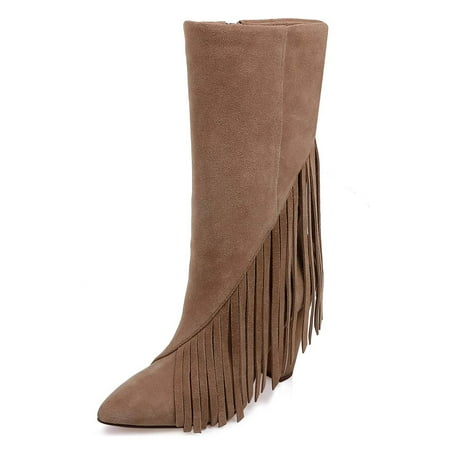 

YDN Women Classic Tassel Fringes Cone High Heel Boots Mid Calf Booties Pointed Closed Toe Side Zipper Casual Shoes Size 15 Brown