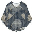 thumbnail image 4 of Elegant Gold Leaf Navy Pattern Women's V-Neck Blouse With 3/4 Ruffled Bell Sleeves Casual Top Ladies Blouses, 4 of 7