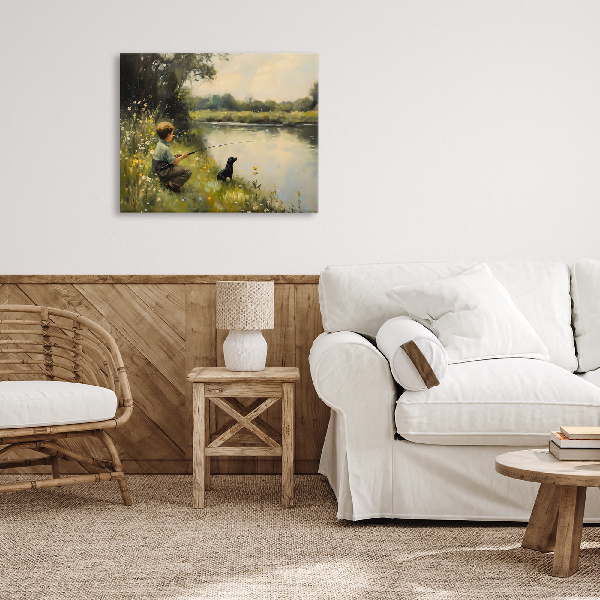 Boy & Puppy Fishing Canvas Wall Art, design by Arlington Prints