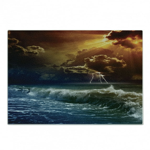 Nature Cutting Board, Thunderstorm Themed Rays over the Ocean Waves Wild Forces in the Air Print, Decorative Tempered Glass Cutting and Serving Board, Small Size, Orange and Blue, by Ambesonne