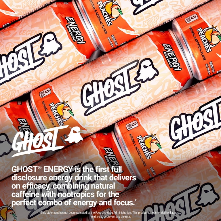 GHOST Zero Sugars Energy Drink, Peaches, 200mg Natural Caffeine