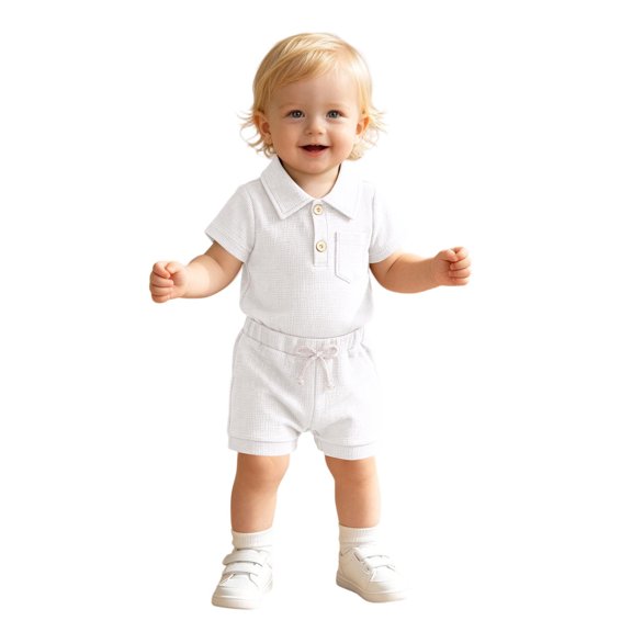 Newborn Boys Shorts Sets 2 Piece Outfit Solid Color Waffle Girls Short Sleeve Romper Bodysuits Shorts Gentleman Summer Beach Kids Vacation Outfits Size 0-3 Months