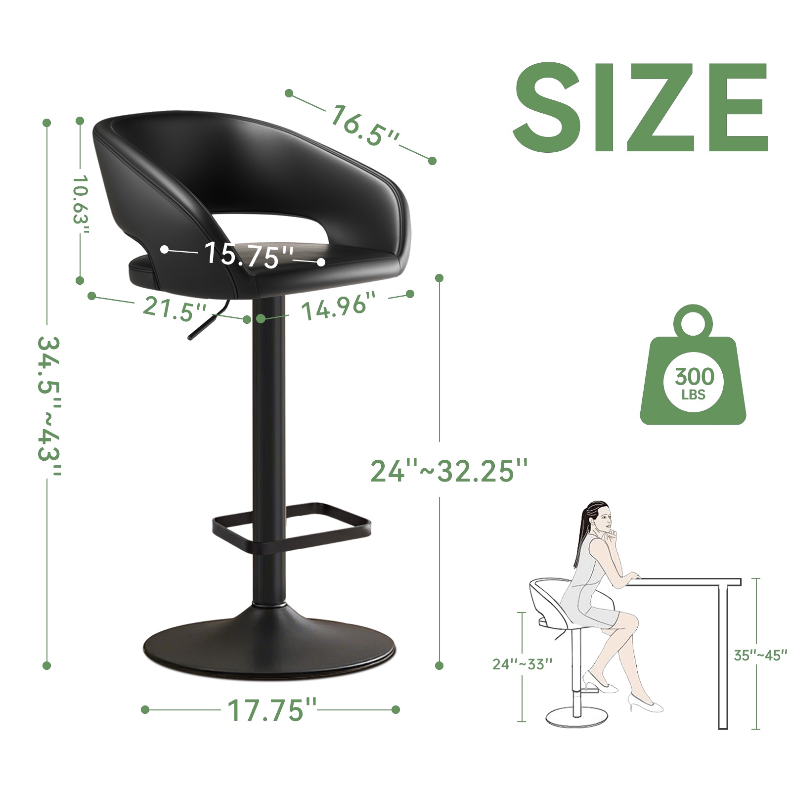 Modern Adjustable Bar Stools with PU Leather Seat, 360° Swivel Open Mid Back & Armrest Bar Stool– Ideal for Kitchen , Bar, Café, Counter Seating, Black
