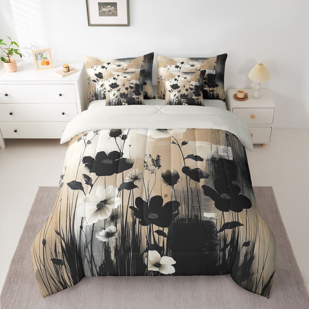 Homewish Chic Flowers 7pcs Bedding Comforter Set For Kids Teens Female Girls,Chic Floral Blossoms Queen Bedding Sets Super Cozy,Abstract Retro Vintage Queen Sheet Sets,Lightweight Room Decor