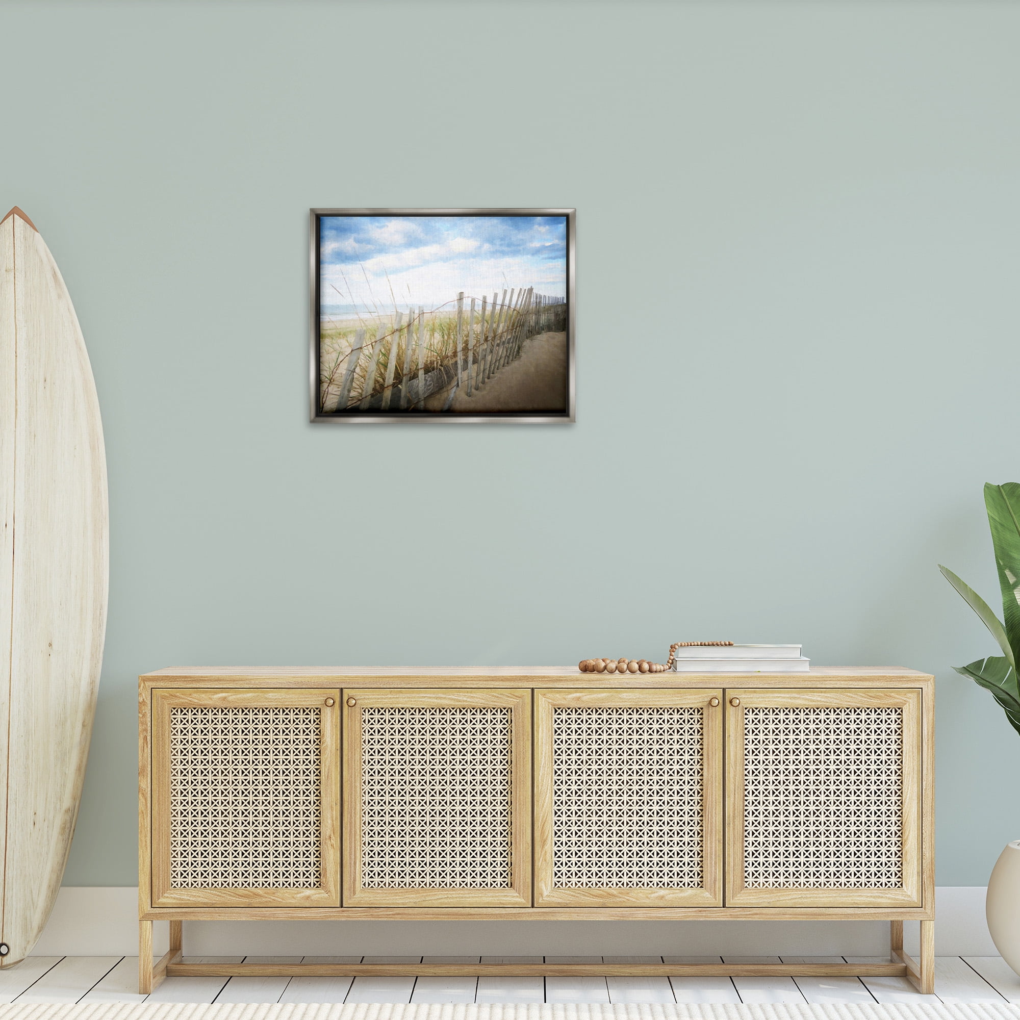 Stupell Industries Summer Beach Fence Landscape Painting Gray Floater Framed Canvas Art Print Wall Art, 31 x 25