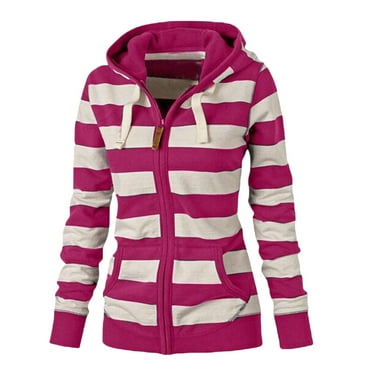 Rlmidhb Pink Full Zip Up Hoodies for Women Long Hooded Long Sleeve Striped Zip-up Hooded Sweatshirts Fleece Drawstring Sweat Zip up Jackets with Pockets
