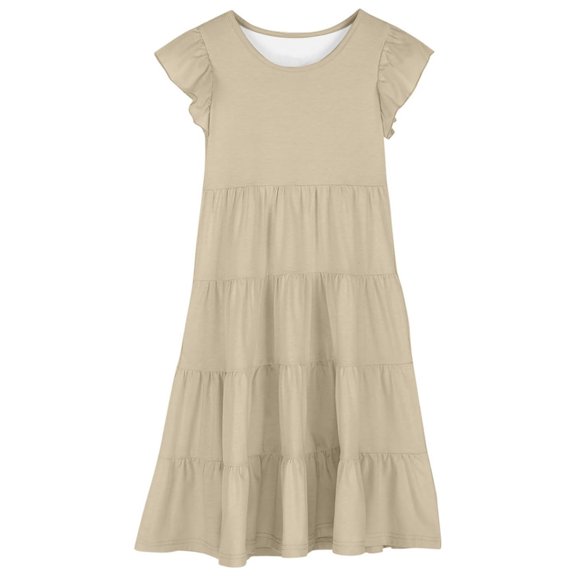 Little Girls Dresses Solid Color Round Neck Puff Sleeve Kids Party Outfit Girls Beach Dress Size 8-9T