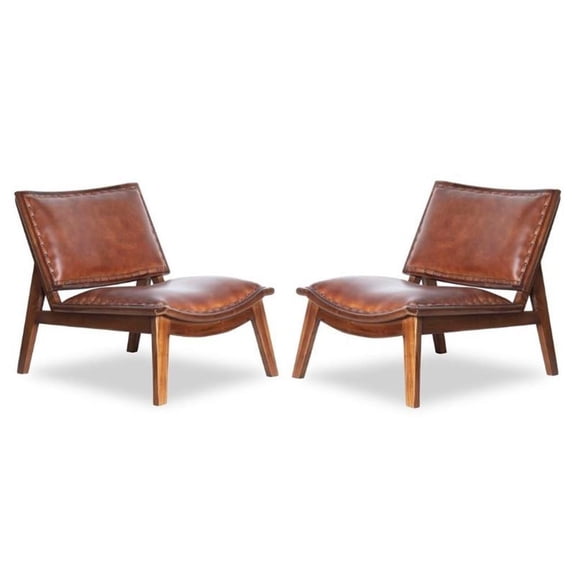Home Square 2 Piece Mid Century Modern Leather Accent Chair Set in Cognac Tan