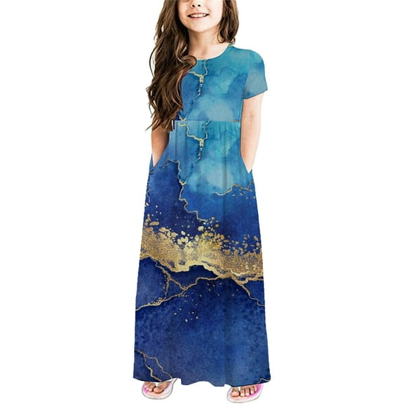 Odeerbi Kids Dress Teen Girls Cute Dresses Toddler Flower Multicolour Print Dress Baby 2024 Fashion Short Sleeve Dress Blue