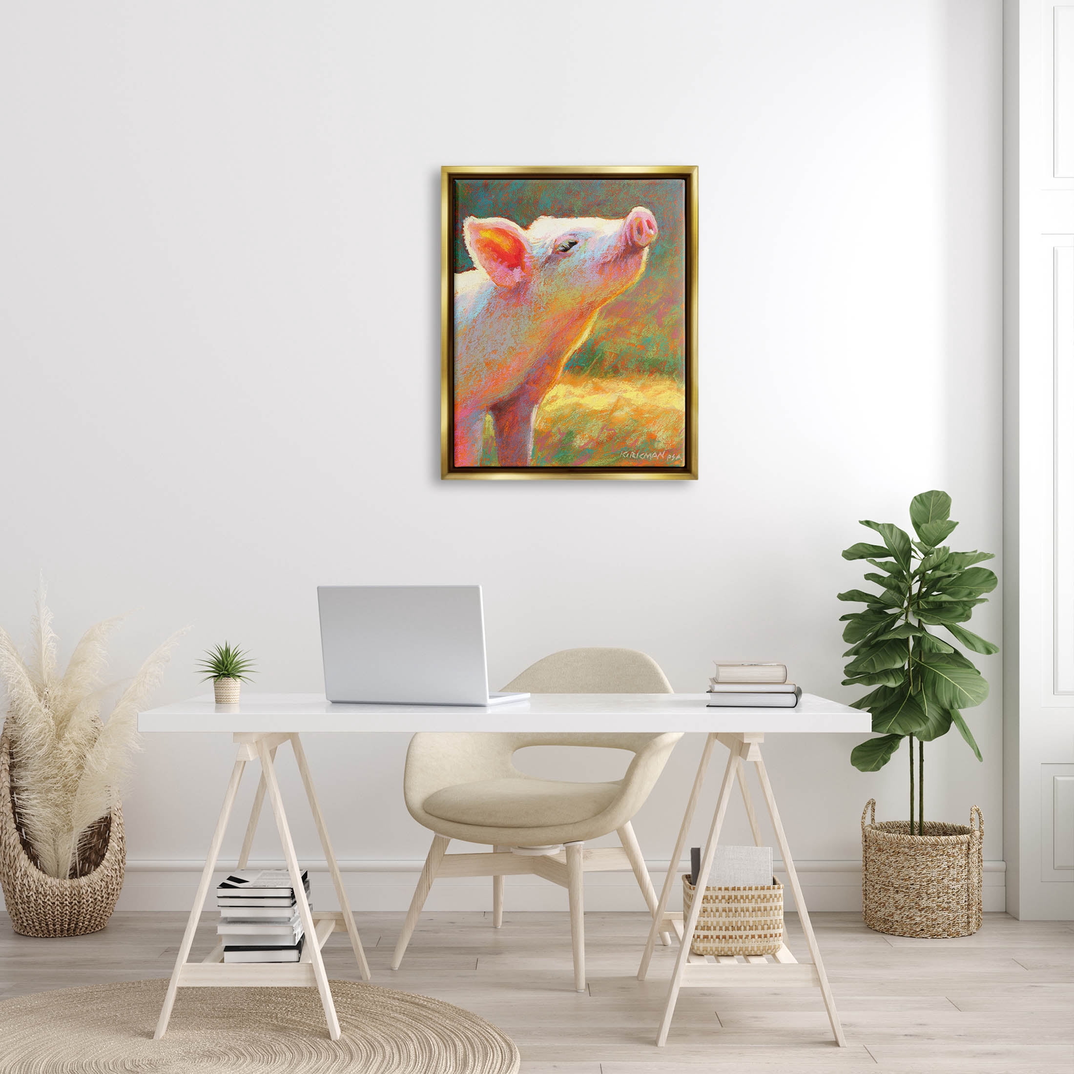 Happy Pink Pig Sunny Farm Animals & Insects Painting Metallic Gold Framed Art Print Wall Art
