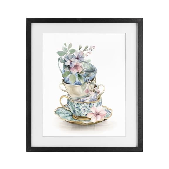 Stupell Industries French Country Floral Teacup Chinoiserie Black Framed Print Under Glass, 13 x 16, by Kim Allen
