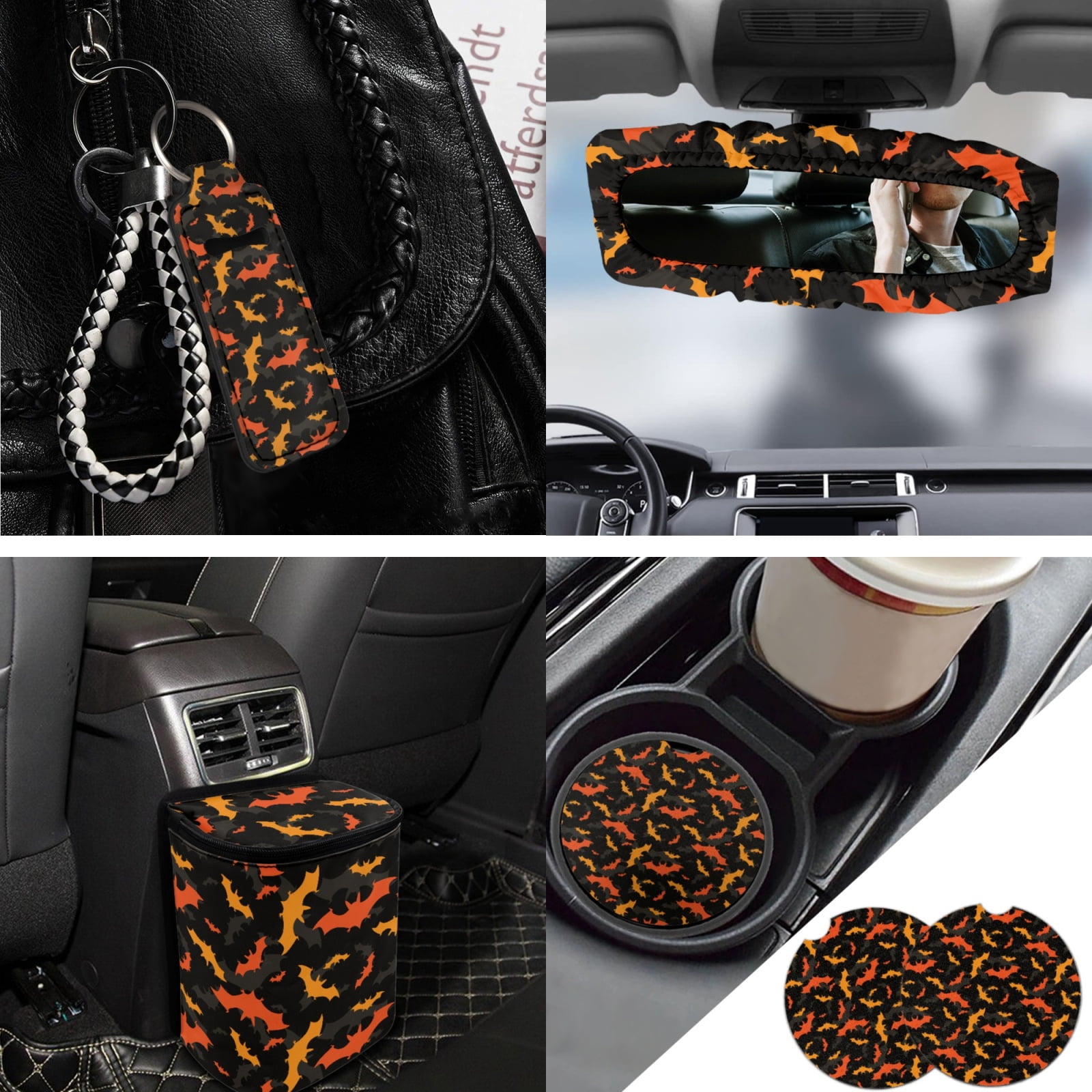 Jeiento Bats Car Seat Covers Full Set of 13 with Car Steering Wheel Cover Seat Belt Pads Car Trash Can Auto Rear View Mirror Cover Car Coasters Chapstick Holder Keychain for Truck SUV