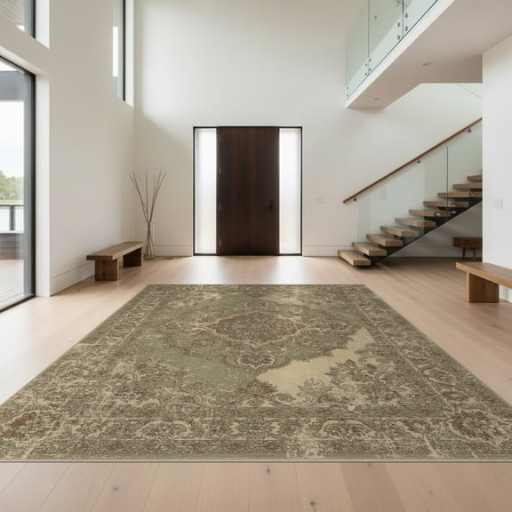 Design&I 8'x10' Washable Area Rug Sleek Flatweave Pet Friendly Boho Table Mediterranean Interlocking Scrollwork Abstract Vintage for King Size Bedroom, Under Bed