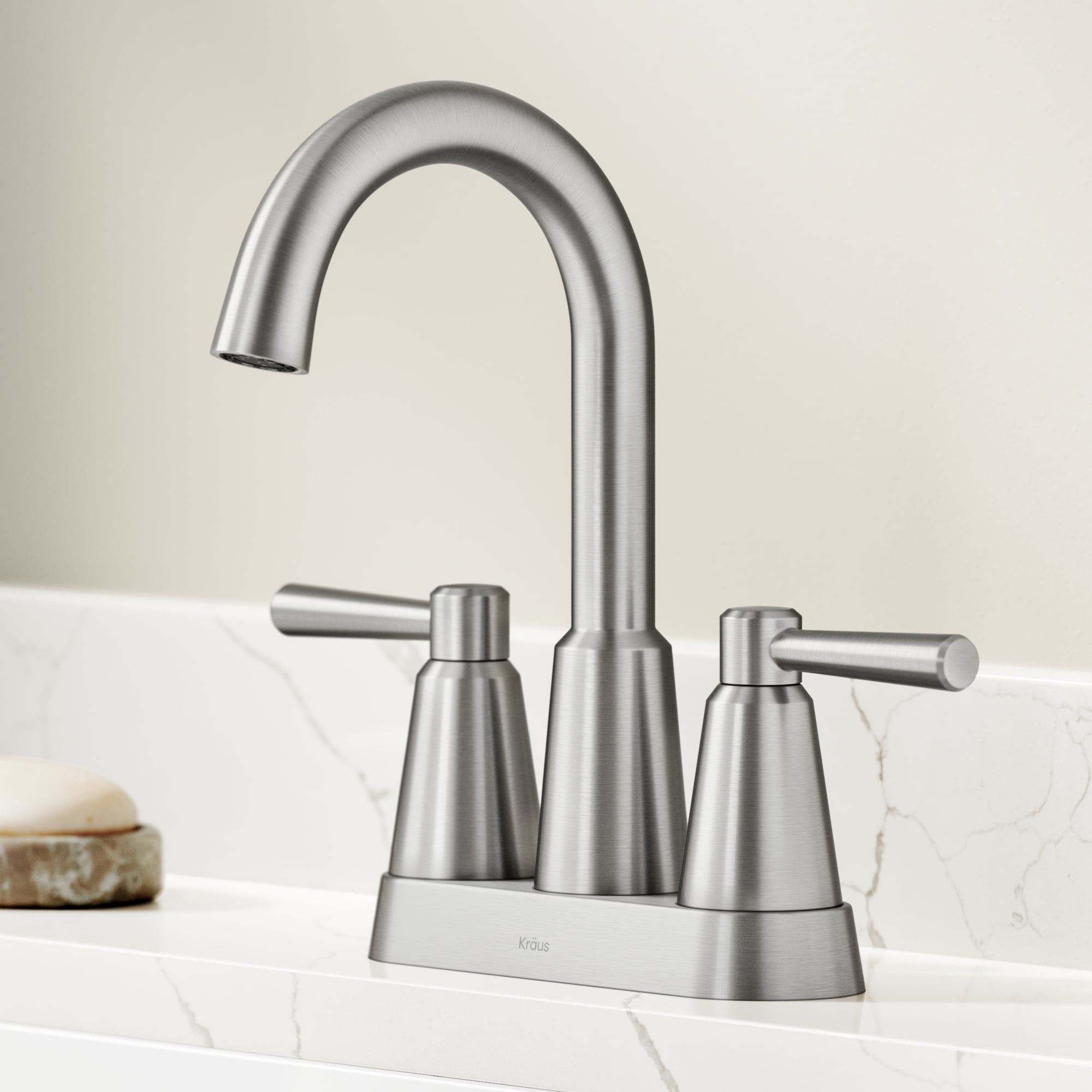 KRAUS Ramus 2-Handle 4-inch Centerset Bathroom Faucet in Spot-Free Brushed Nickel with Pop Up Drain and Supply Lines