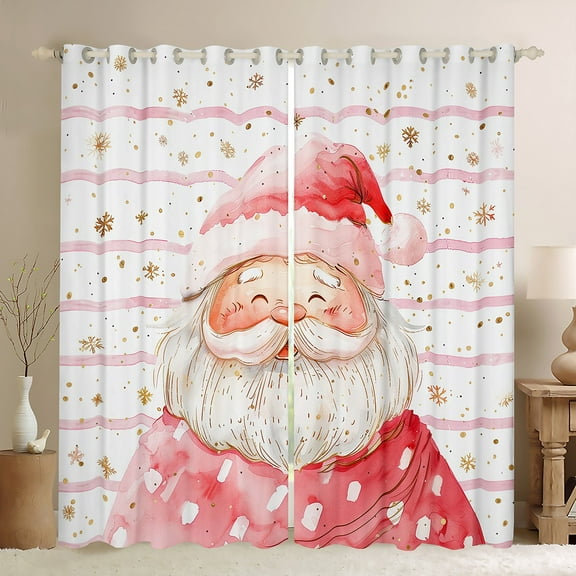 Manfei Cartoon Santa Claus Black Out Curtains for Kids Girls, Gold Snowflakes Curtains Pack of 2 (42x63 Each), White Pink Stripe Bedroom Curtains, Christmas Home Decor