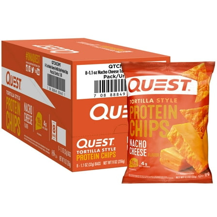 Quest Tortilla Style Protein Chips with 18g of Protein, Nacho Cheese Flavor, 1.1 Oz Bags, 8 Count