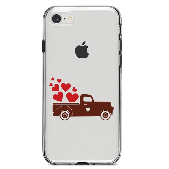 DistinctInk Clear Shockproof Hybrid Case for iPhone 7 8 SE (2020 Model) 4.7" Screen TPU Bumper Acrylic Back Tempered Glass Screen Protector - Valentine Truck Red Hearts