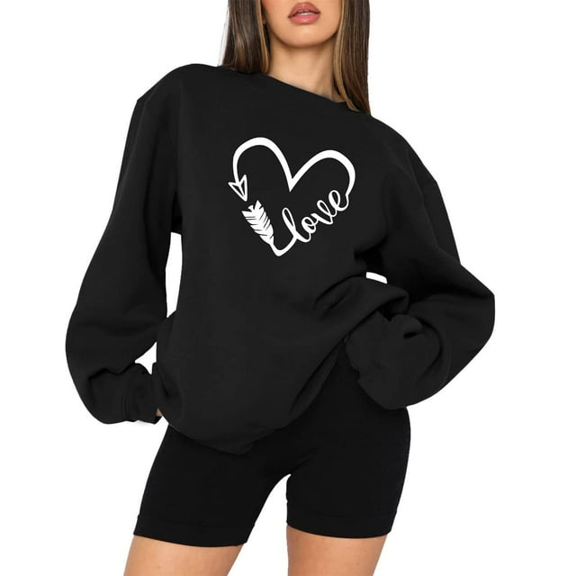 Qertyioot Chandail Cœur d'Amour Saint-Valentin, chandail Décontracté Femme Manches Longues Col Rond Haut Ample Imprimé Graphique
