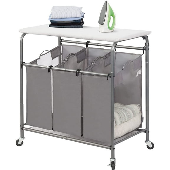 3-Section Laundry Sorter with Foldable Ironing Board, Heavy-Duty Rolling Laundry Cart with and Removable Bags, Triple Laundry Hamper with Wheels, Dark Grey