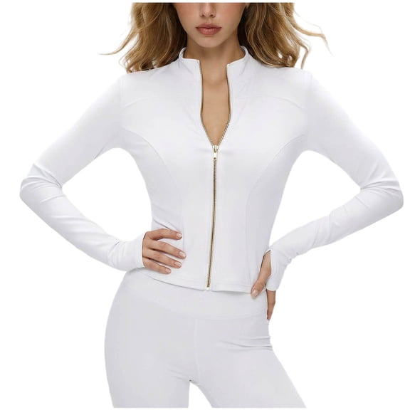 Women's Workout Jacket Long Sleeve Zip Up Yoga Cropped Jackets Athletic Slimming Fit Tops with Thumb Holes