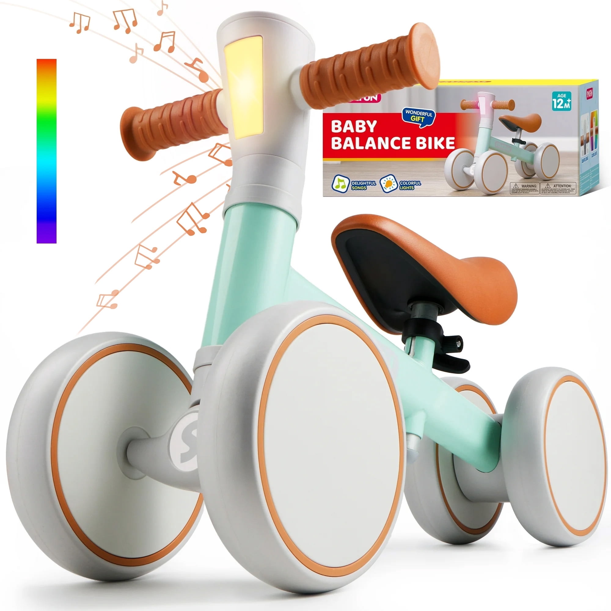SYNCFUN 4-Wheel Baby Balance Bike LED with Music and Lights for 1-3 Year Old Toddlers, Adjustable Seat, Blue, 1-Pack