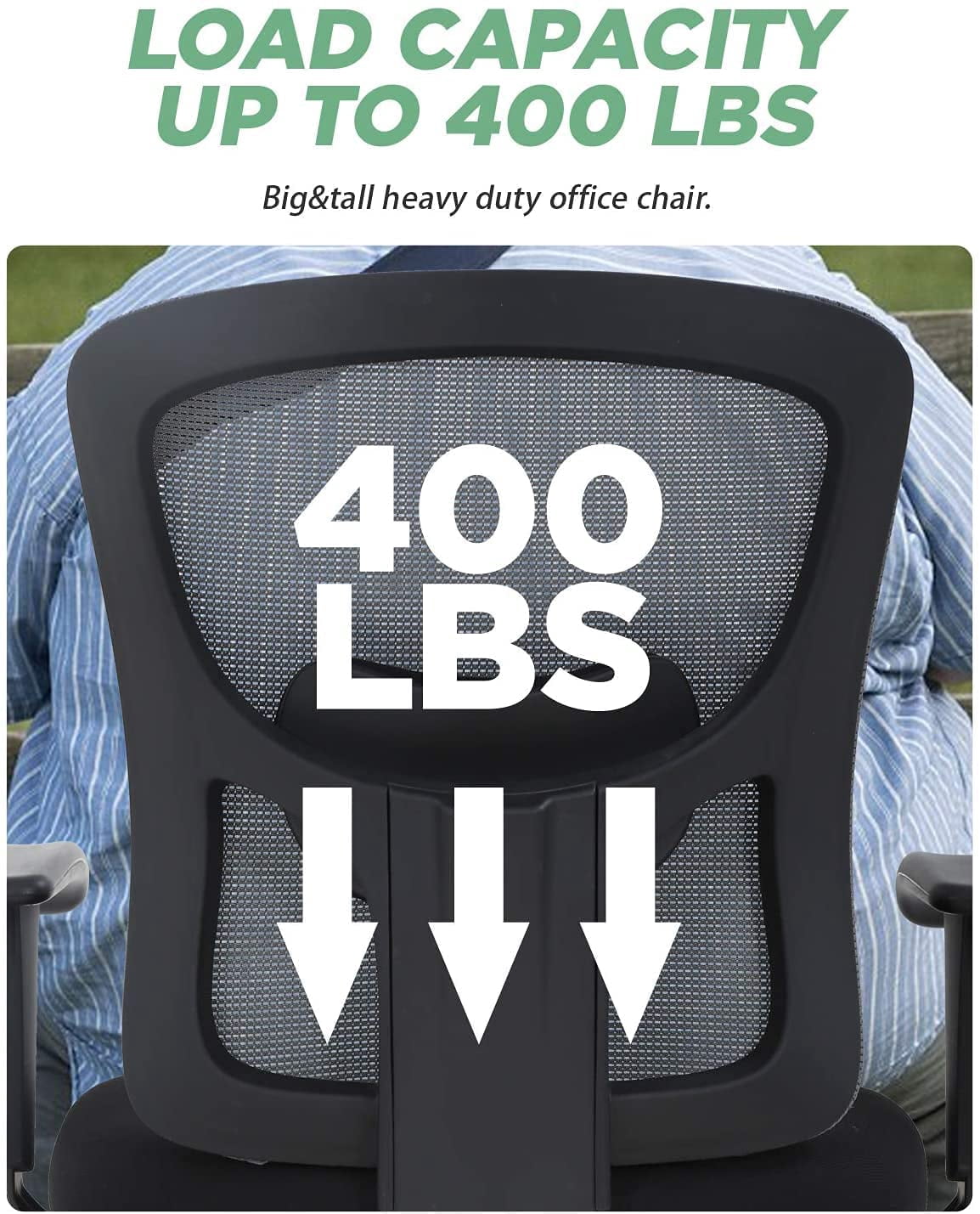 Mesh Desk Chairs Big and Tall Office Chair Ergonomic Computer Chair Weight Limit 400 lbs Heavy Duty Task Chair with Wheels and Adjustable Arms & 23 inch Wide Seat, Gray