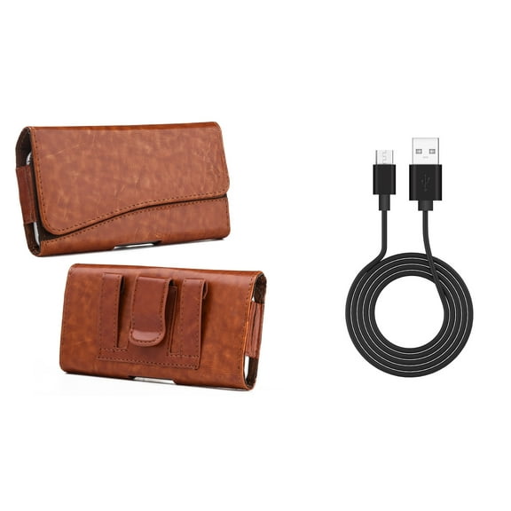 Bemz Accessory Bundle for Alcatel TCL LX, 1X Evolve, idealXTRA - Executive PU Leather Holster Card Slot Carrying Case (Brown) with Durable Fast Charge/Sync USB Charger Cable (3.3 Feet) and Atom Cloth