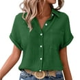 thumbnail image 2 of TODOZO Women Button Down Shirt Rolled Cuffed Short Sleeve Blouse Ladies Summer Casual V Neck Beach Soft Fashion Cotton Blouses Tops with Pocket Short Sleeve Shirts for Women Summer Green S, 2 of 7