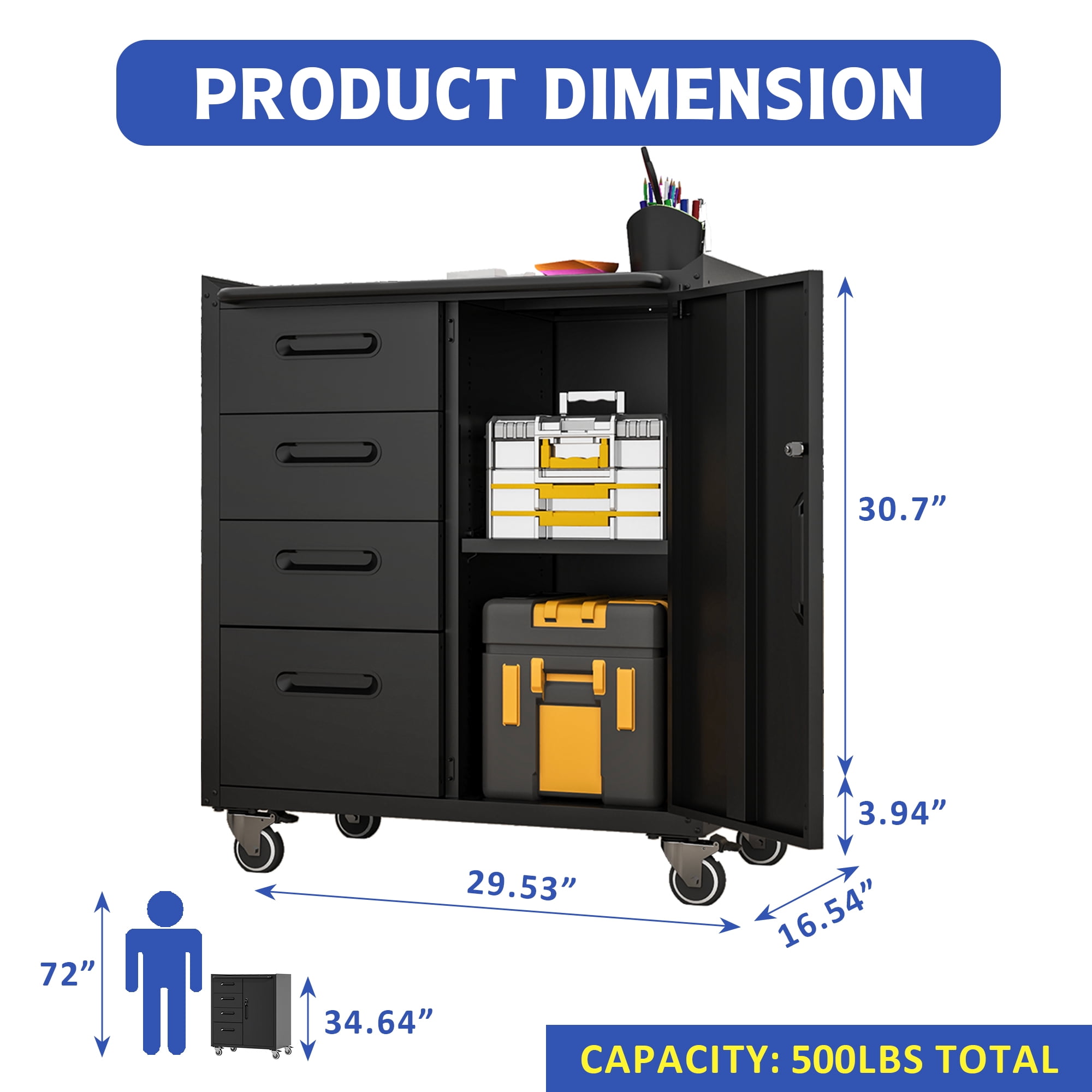 Izzovium 34.65" Steel Tool Cabinet with Lockable Wheels, Garage Organizer with Drawers, Black/Gray