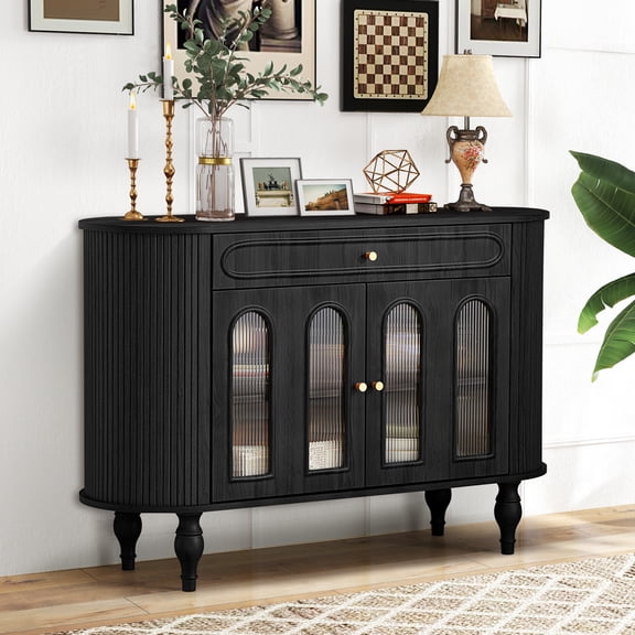 Wirrytor 47" Mid-Century Sideboard with Tambour Sliding Sides, Coffee Bar Buffet Cabinet Credenza for Kitchen Living Room Dining Room, Black